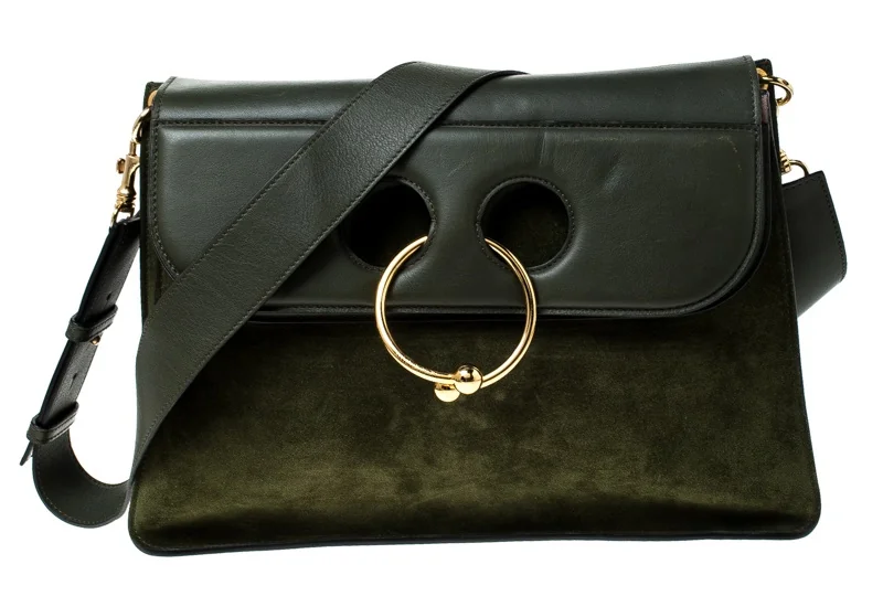 JW Anderson Pierce Bag (Dark Green Suede and Leather Shoulder Bag) front view