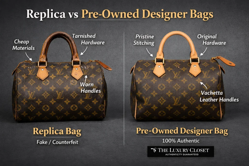 Designer handbags (Chanel, Louis Vuitton, Dior, Gucci, Fendi) side view - replica vs pre-owned bags